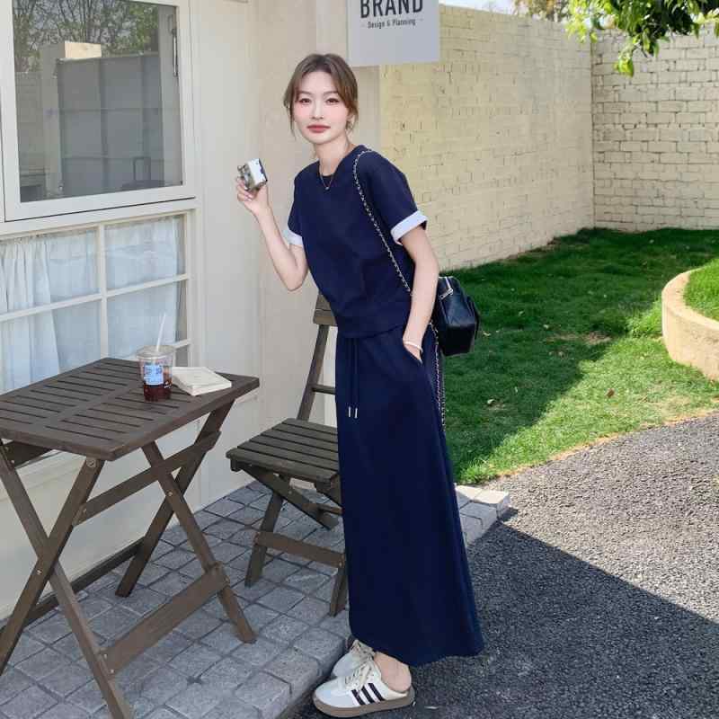 コントラスト バインディング ノッチネックライン ノットフロント ラウンジセット 上下 ネイビー カレ..