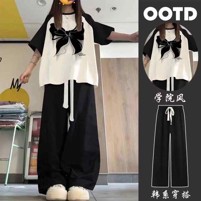 コントラスト バインディング ノッチネックライン ノットフロント ラウンジセット 上下 特大 サイズ 女の子 アメリカン スポーツ カジュアル スーツ 女性 夏 半袖 Tシャツ ズボン ツーピース