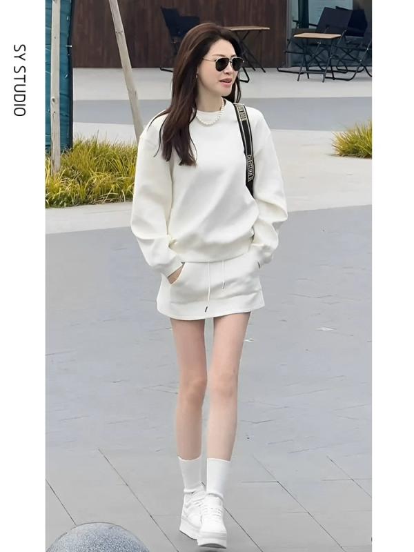 コントラスト バインディング ノッチネックライン ノットフロント ラウンジセット 上下 女性用 ツーピース カジュアル プルオーバー スウェットシャツ スリム スポーツ スカート ストリート 春