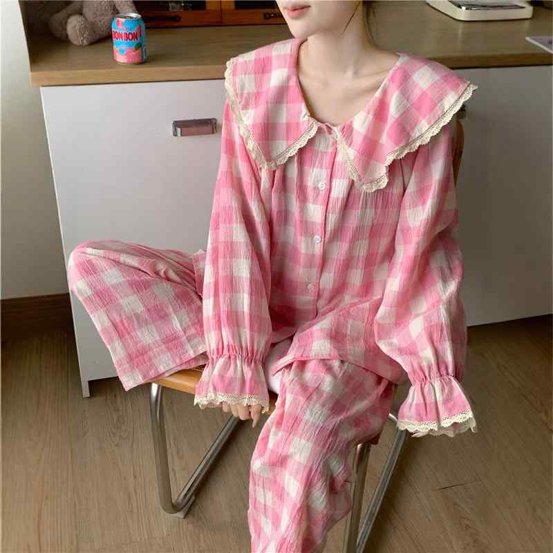コントラスト バインディング ノッチネックライン ノットフロント ラウンジセット 上下 韓国 コットンチェック柄 ゆったり カジュアル 秋 襟 レース 長袖 パジャマ ホームウェア