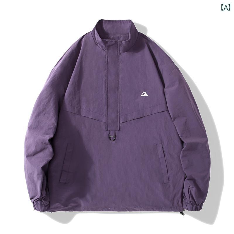 秋冬 和風 ハーフ ジップ スウェットシャツ メンズ スタンドカラー コーチ ジャケット 防水 ジャケット クリーン フィット ジャケット: maneサイズ: M L XL 2XL襟のタイプ：スタンドカラーカラー: パープル ブラック ベージュ商品コード: AK3664サブ: 適用季節：秋冬発売時期：年秋厚さ：レギュラー適用シナリオ: その他のレジャー長さ：レギュラー: 対象: 素材構成: ポリアミド繊維(ナイロン)100