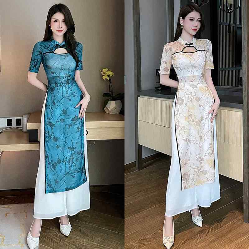 チャイナドレス ロング スカート 上下セット 中華風 ワークウェア 健康 クラブ シフォン アプリコット ..