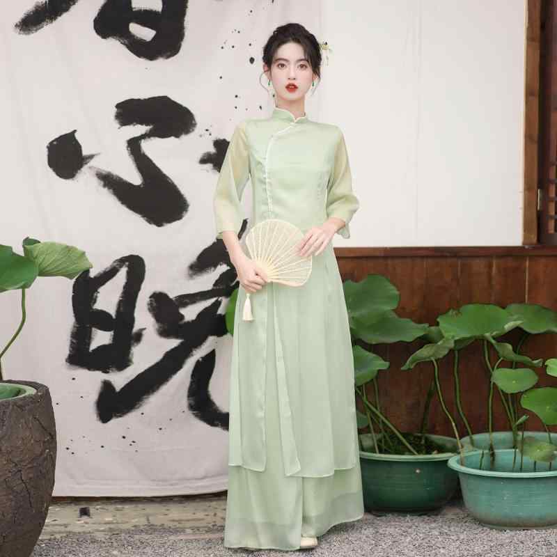 チャイナドレス レディース ハイウエスト Aライン スカート ワンピース 上下セット 中華風 ホワイト グリーン