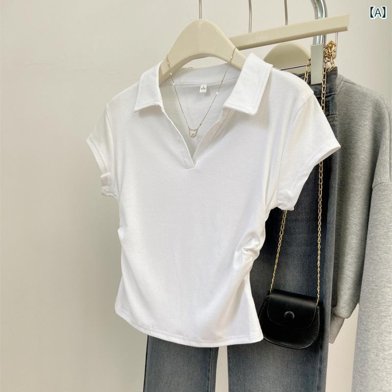 レディース チュニック シャツ 半袖 レディース チュニック シャツ 半袖 女性用 半袖 Tシャツ 2025 夏 白 ポロ カラー トップ ショート ウエスト スリム カジュアル