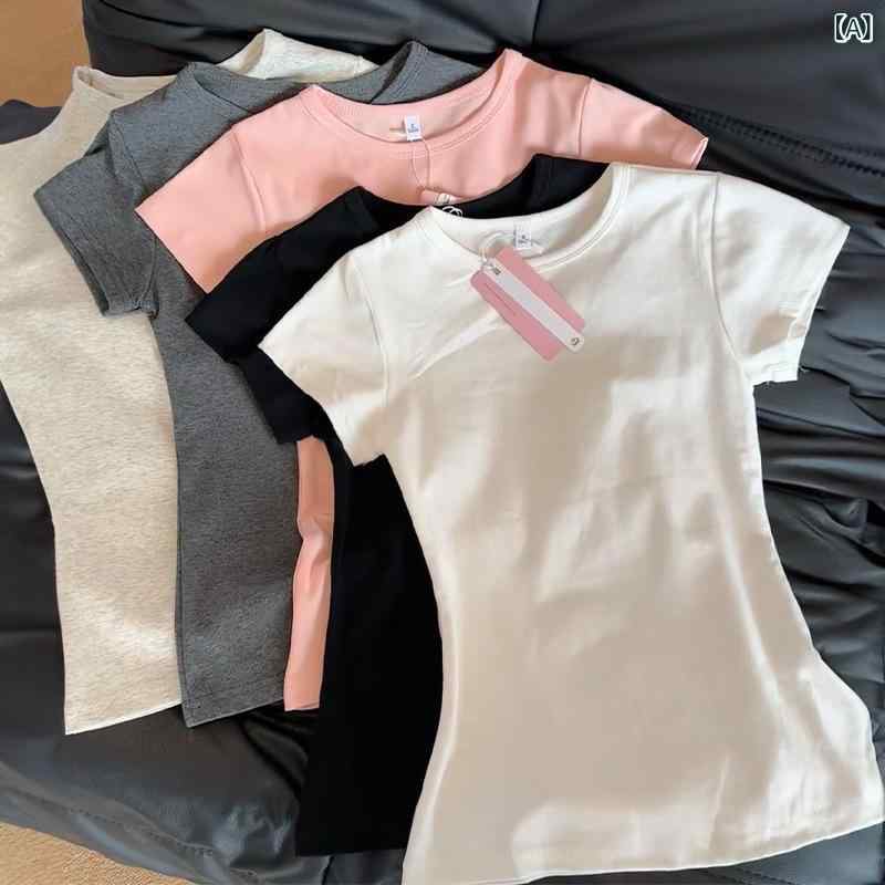 レディース チュニック シャツ 半袖 レディース チュニック シャツ 半袖 アメリカン 半袖 Tシャツ 女の子 夏 スリム マルチ カラー 2025 新 韓国 スリム インナー ウエスト タイト トップ