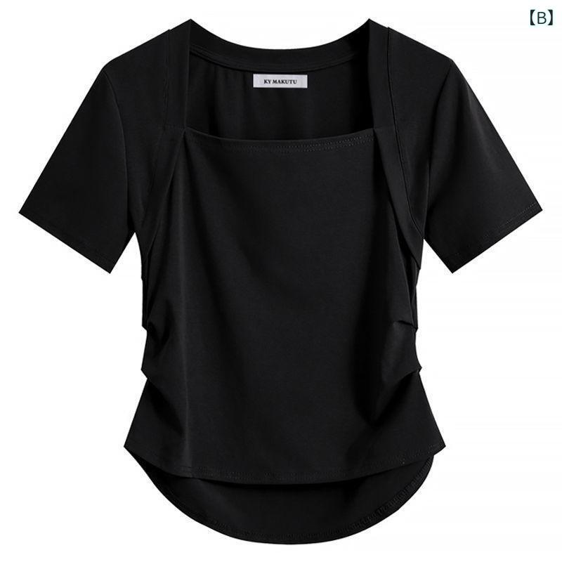 レディース チュニック シャツ 半袖 レディース チュニック シャツ 半袖 大きめ サイズ レディース mm 夏 プリーツ スクエアネック 右 肩 半袖 Tシャツ レディース ウエスト ショート トップ