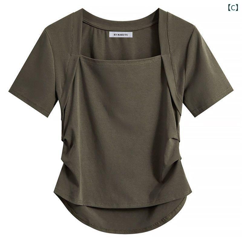 レディース チュニック シャツ 半袖 レディース チュニック シャツ 半袖 大きめ サイズ レディース mm 夏 プリーツ スクエアネック 右 肩 半袖 Tシャツ レディース ウエスト ショート トップ