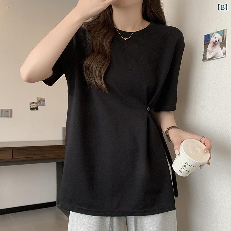 レディース チュニック シャツ 半袖 レディース チュニック シャツ 半袖 大きめ サイズ レディース フレンチ イレギュラー 半袖 Tシャツ レディース 夏の 太った MM ウエスト カバー スリット シック トップx2