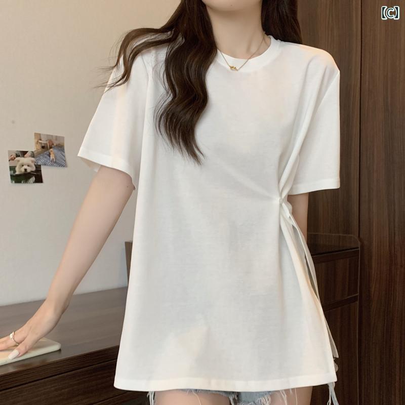 レディース チュニック シャツ 半袖 レディース チュニック シャツ 半袖 大きめ サイズ レディース フレンチ イレギュラー 半袖 Tシャツ レディース 夏の 太った MM ウエスト カバー スリット シック トップx2