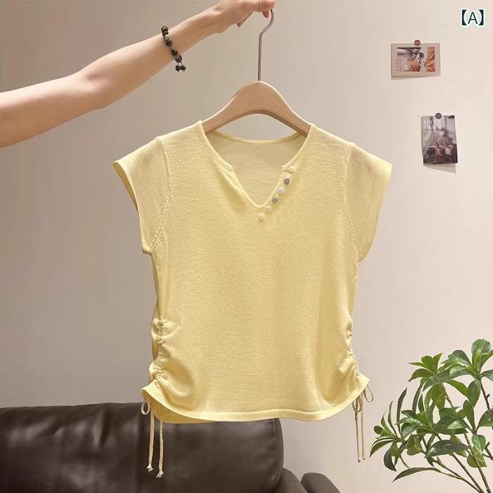 レディース チュニック シャツ 半袖 レディース チュニック シャツ 半袖 ミルク イエロー Vネック 半袖 Tシャツ レディース 2025 夏のの プリーツ ウエスト スリム 小さい フライング スリーブ トップ