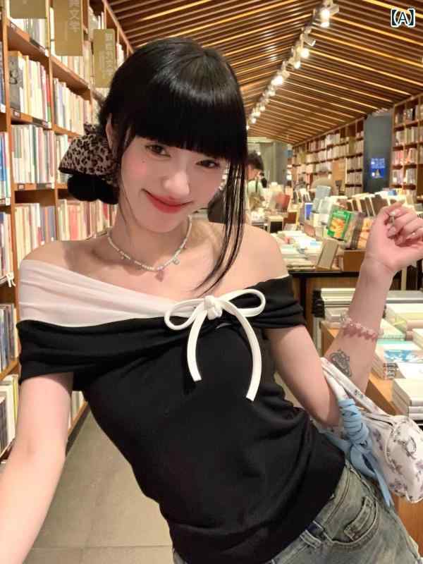 レディース チュニック シャツ 半袖 レディース チュニック シャツ 半袖 ホット ガール ボウタイ ワンショルダー Tシャツ レディース 2025 夏 シック ウエスト スリム オフショルダー 黒 トップx2