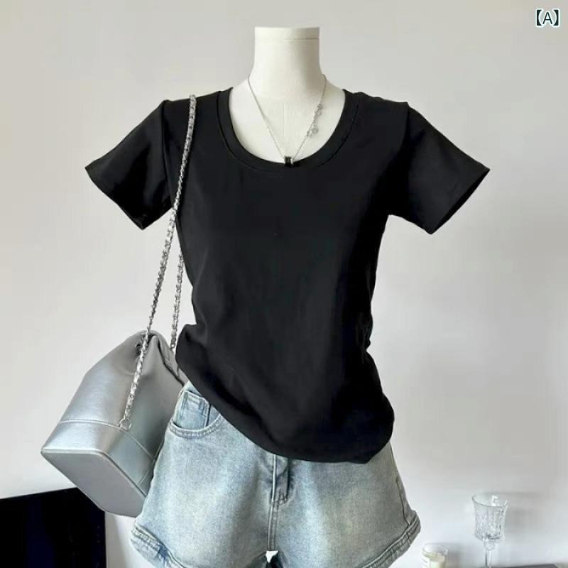 レディース チュニック シャツ 半袖 レディース チュニック シャツ 半袖 韓国 U ネック シンプル 無地 Tシャツ レディース 夏 スリムフィット ベーシックボトムス トップ ウエスト ショルダー 半袖