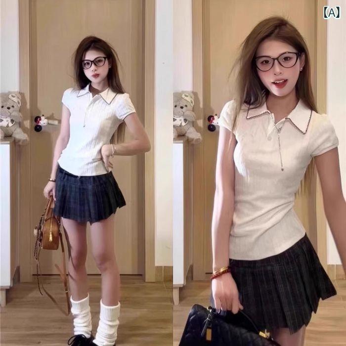 レディース チュニック シャツ 半袖 レディース チュニック シャツ 半袖 カレッジ スタイル 白 半袖 ポロ カラー スリム ウエスト Tシャツ レディース 夏 2025 ユニークな カジュアル 年齢 軽減 トップ