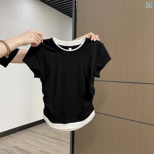 レディース チュニック シャツ 半袖 レディース チュニック シャツ 半袖 ラウンドネック 青と 白の ステッチ ショート Tシャツ レディース フェイク ツーピース プリーツ ウエスト スリム ショルダー トップ 夏 レディース チュニック シャツ 半袖 レディース チュニック シャツ 半袖 ラウンドネック 青と 白の ステッチ ショート Tシャツ レディース フェイク ツーピース プリーツ ウエスト スリム ショルダー トップ 夏