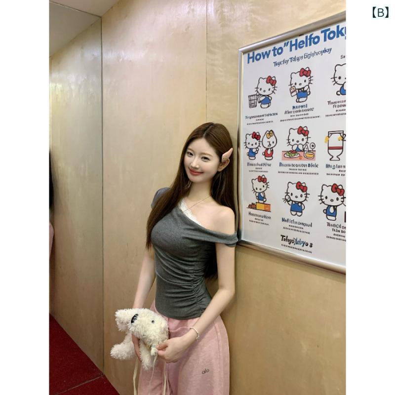 レディース チュニック シャツ 半袖 レディース チュニック シャツ 半袖 ホワイト レース ステッチ オフショルダー 半袖 Tシャツ レディース 夏 プリーツ スリム ウエスト スリム トップ