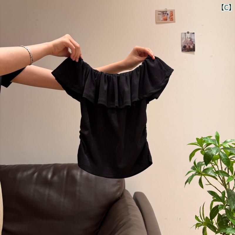 レディース チュニック シャツ 半袖 レディース チュニック シャツ 半袖 フリル ワン ライン カラー オフショルダー 半袖 Tシャツ レディース 夏 プリーツ ウエスト スリム トップ