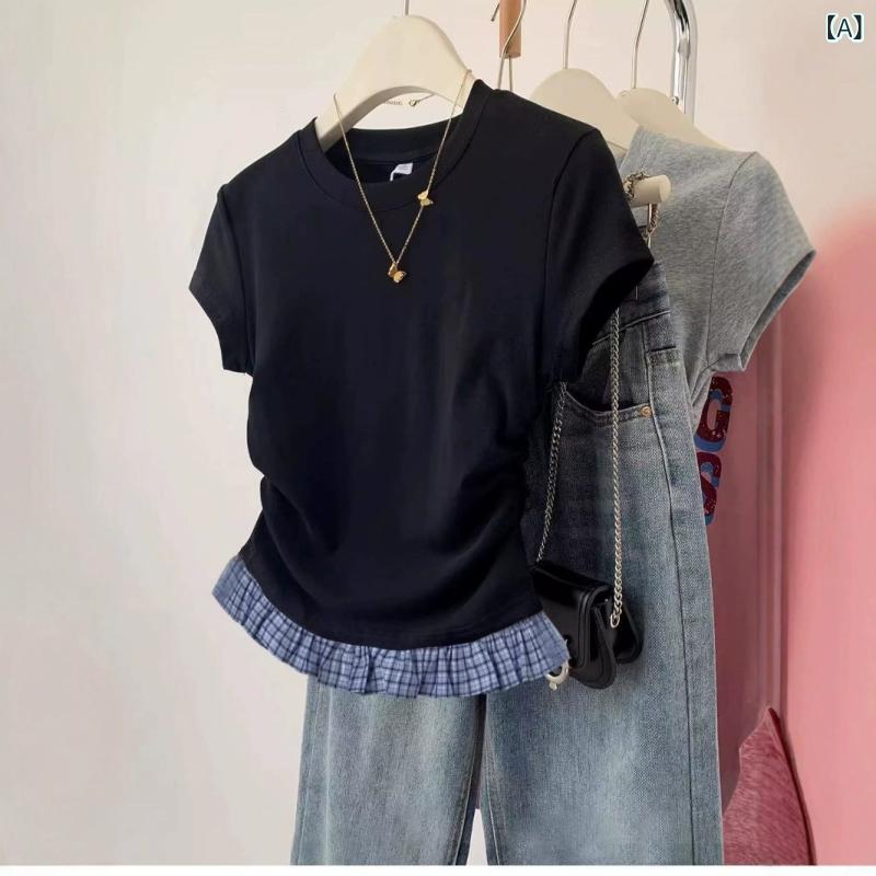 レディース チュニック シャツ 半袖 レディース チュニック シャツ 半袖 黒 フェイク ツーピース スプライシング 右 肩 半袖 Tシャツ 女性用 2025夏 ショート ラウンドネック ウエスト スリム トップ