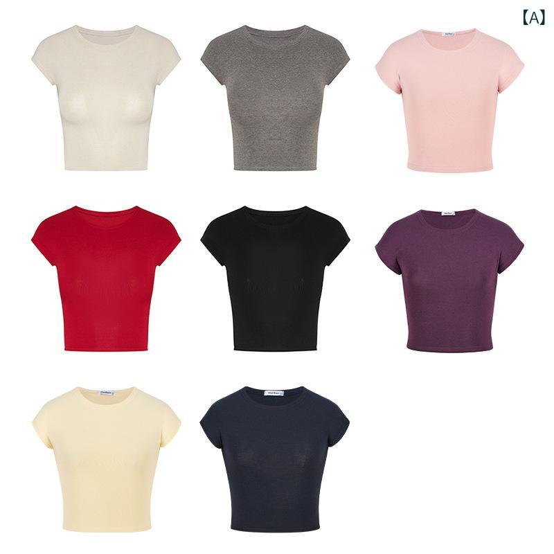 レディース チュニック シャツ 半袖 レディース チュニック シャツ 半袖 魅惑的 ホット ガール レッド タイト ラウンドネック 半袖 Tシャツ レディース 夏 弾性 ウエスト ショート クロップ トップ