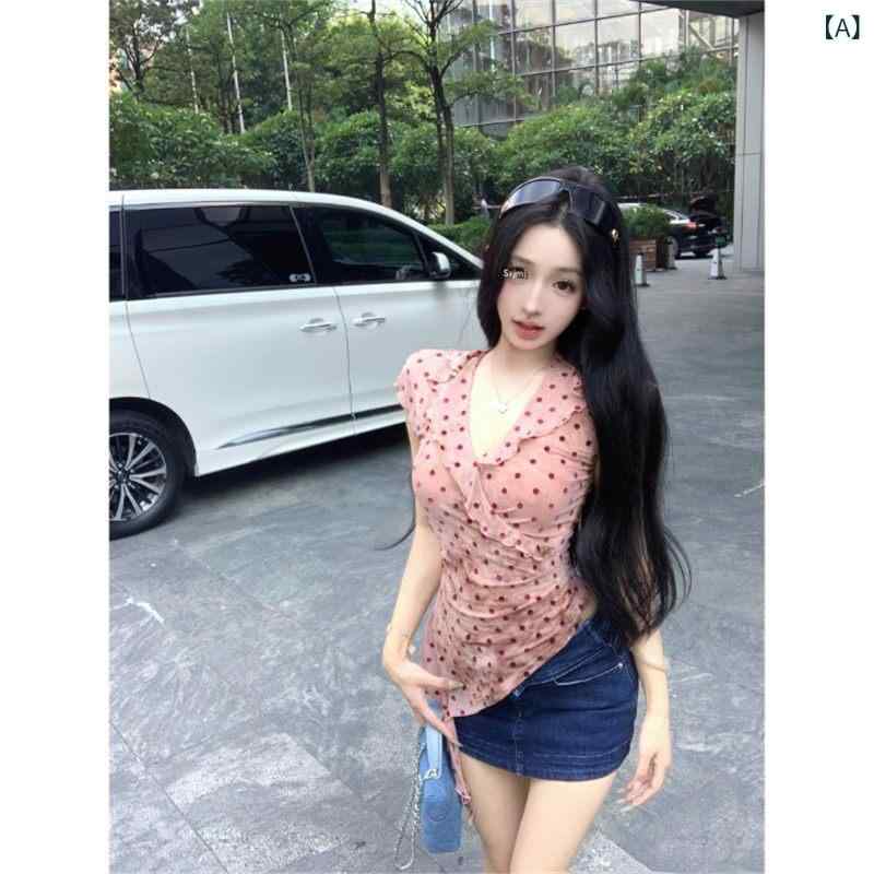 レディース チュニック シャツ 半袖 レディース チュニック シャツ 半袖 フリル ピンク ドット Vネック 半袖 Tシャツ レディース 夏 スリム ウエスト ホット ガール スリム トップ