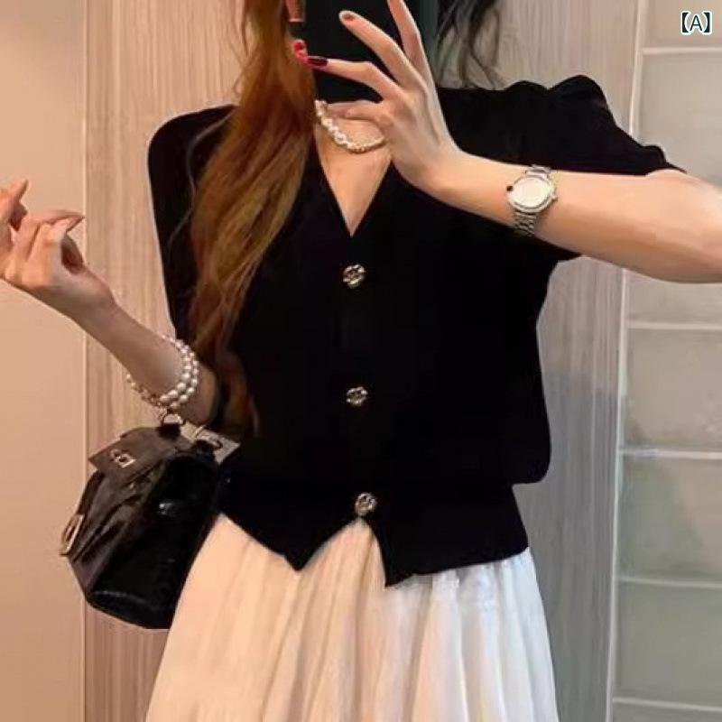 レディース チュニック シャツ 半袖 レディース チュニック シャツ 半袖 夏の新 スタイル 冷感 フレンチ ブラック ニット 半袖 カーディガン トップ レディース スリム ウエスト Vネック Tシャツx2