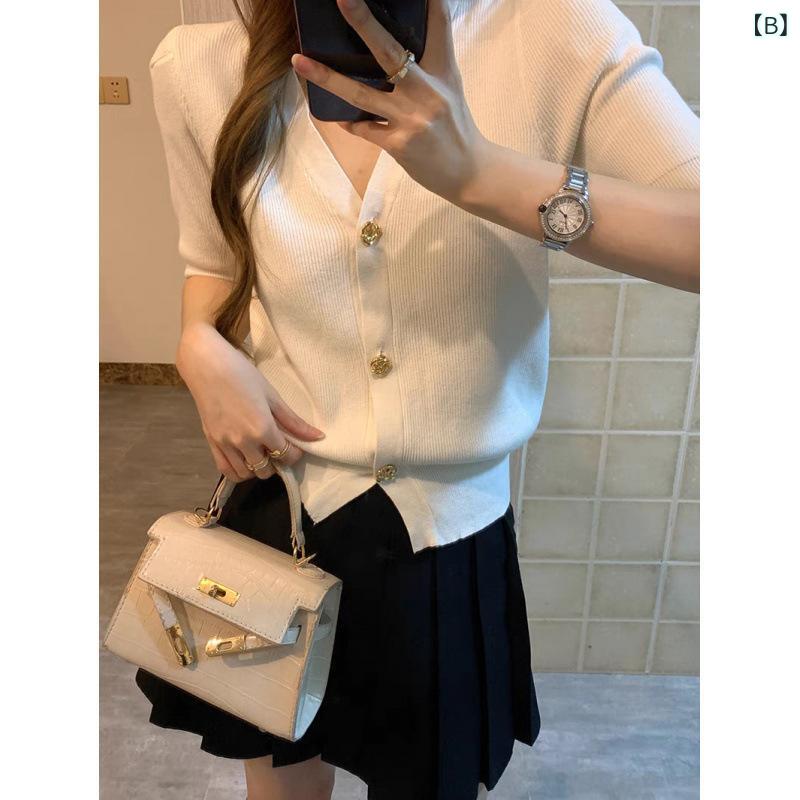 レディース チュニック シャツ 半袖 レディース チュニック シャツ 半袖 夏の新 スタイル 冷感 フレンチ ブラック ニット 半袖 カーディガン トップ レディース スリム ウエスト Vネック Tシャツx2