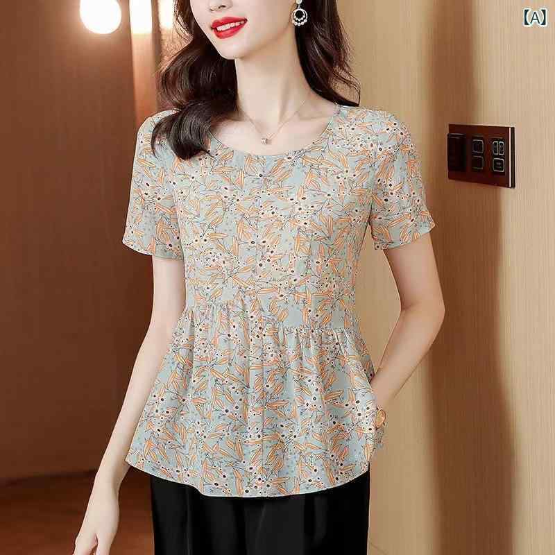 レディース チュニック シャツ 半袖 レディース チュニック シャツ 半袖 花柄 シフォンシャツ 半袖 夏服 スカート 美しい ウエスト おしゃれな ママ ゆったり トップス お腹
