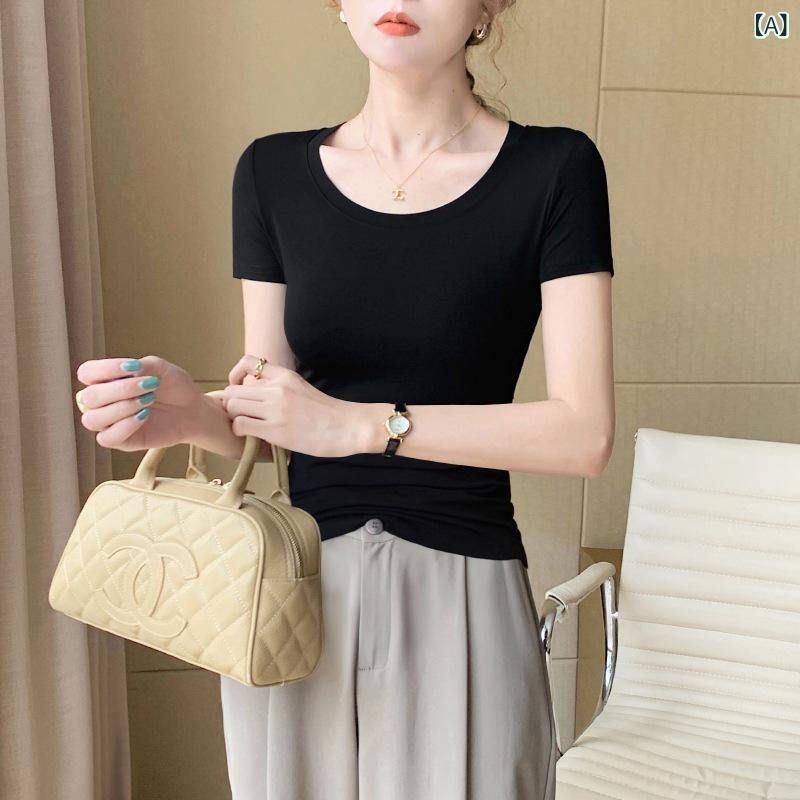 レディース チュニック シャツ 半袖 レディース チュニック シャツ 半袖 ブラック ラウンドネック モーダル 半袖 Tシャツ レディース 2025夏 右 肩 冷感 スリムフィット 半袖 ウエスト トップ