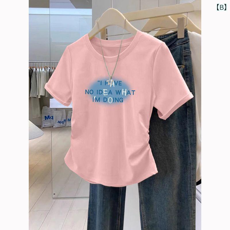 レディース チュニック シャツ 半袖 レディース チュニック シャツ 半袖 2025夏服 女性用 ラウンドネック 半袖 Tシャツ ウエストシェイプ プリーツ 小柄な 方向 けで な トップス