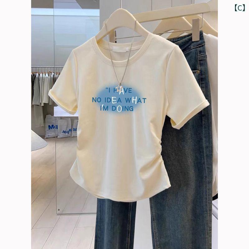 レディース チュニック シャツ 半袖 レディース チュニック シャツ 半袖 2025夏服 女性用 ラウンドネック 半袖 Tシャツ ウエストシェイプ プリーツ 小柄な 方向 けで な トップス