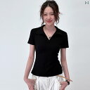 ポロシャツ レディース 半袖 黒 糸 綿 ポロシャツ 半袖 Tシャツ レディース 夏の 無地 トップ スリム ボトム Tシャツ|詳細画像
