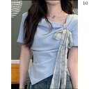 ポロシャツ レディース 半袖 MR【 生地】 ブルー フロント ショルダー Tシャツ 半袖 レディース 夏 イレギュラー フレンチ ショート スタイル お腹 カバー& 着 痩せ