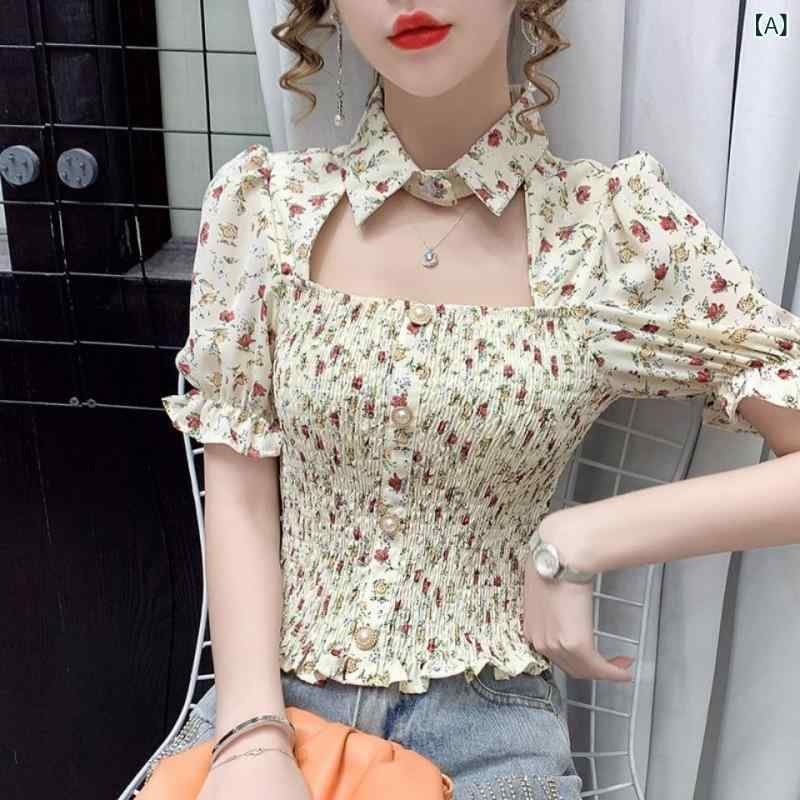 レディース チュニック シャツ 半袖 レディース チュニック シャツ 半袖 2025 夏の新 スクエアネック ショート ウエスト スリム 半袖 花柄 シャツ 女性用