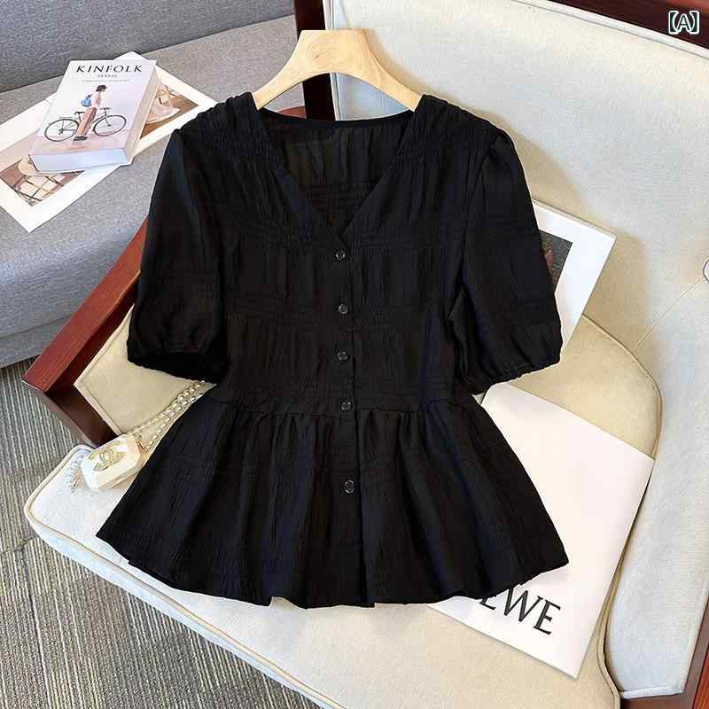 レディース チュニック シャツ 半袖 レディース チュニック シャツ 半袖 レディース 夏の 感 a 字 ウエスト シフォン 半袖 シャツ 太っ..