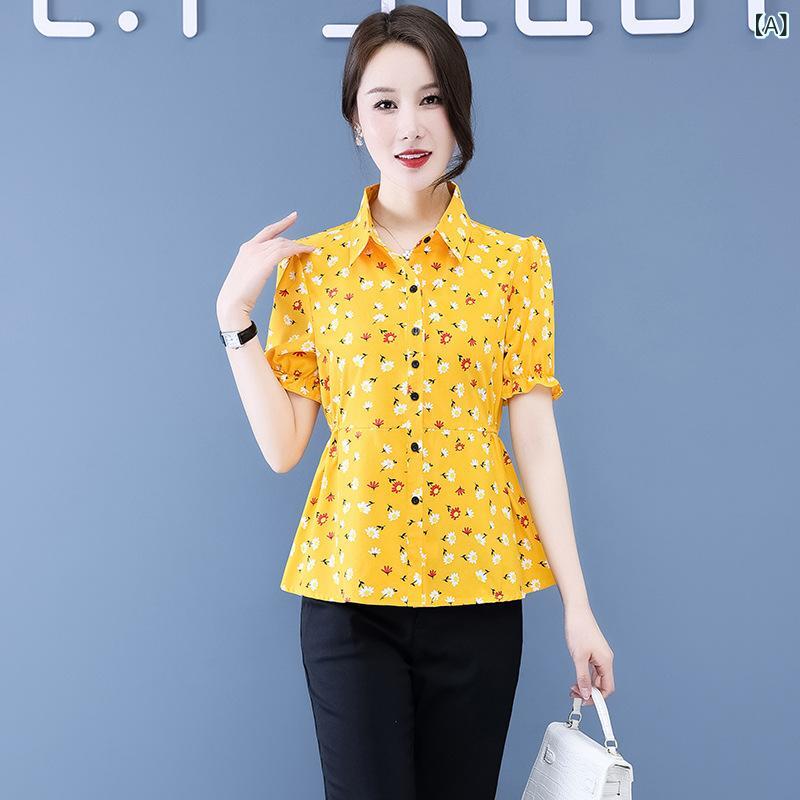 レディース チュニック シャツ 半袖 レディース チュニック シャツ 半袖 夏の 女性用 半袖 シャツ 韓国 スタイル プリント シフォン スリムフィット レディースシャツ 大きいサイズ トップ ウエスト プリーツ