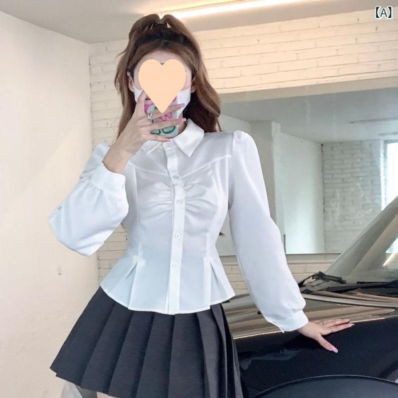 レディース チュニック シャツ 半袖 レディース チュニック シャツ 半袖 春秋 女性用 ショート ウエスト ホワイト シャツで シック トップス 女性用 スリム プリーツ 長袖 シャツ