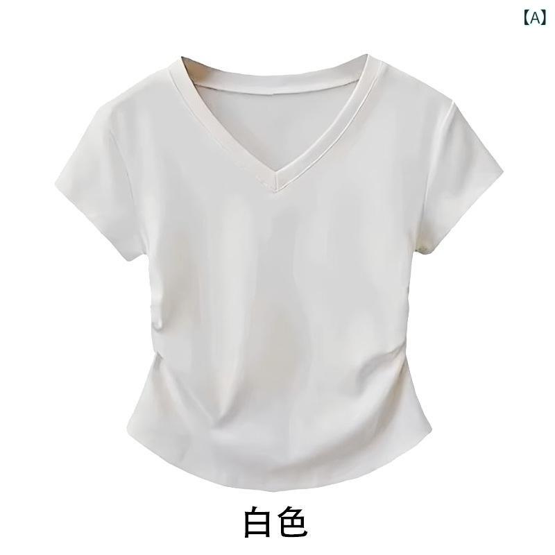 レディース チュニック シャツ 半袖 レディース チュニック シャツ 半袖 クロスボーダー Vネック プリーツ ウエスト 無地 右 肩 半袖 レディース Tシャツ レディー スフィット スリム トップ シャツ 女性用