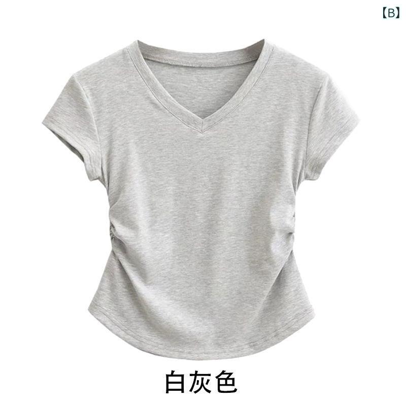 レディース チュニック シャツ 半袖 レディース チュニック シャツ 半袖 クロスボーダー Vネック プリーツ ウエスト 無地 右 肩 半袖 レディース Tシャツ レディー スフィット スリム トップ シャツ 女性用