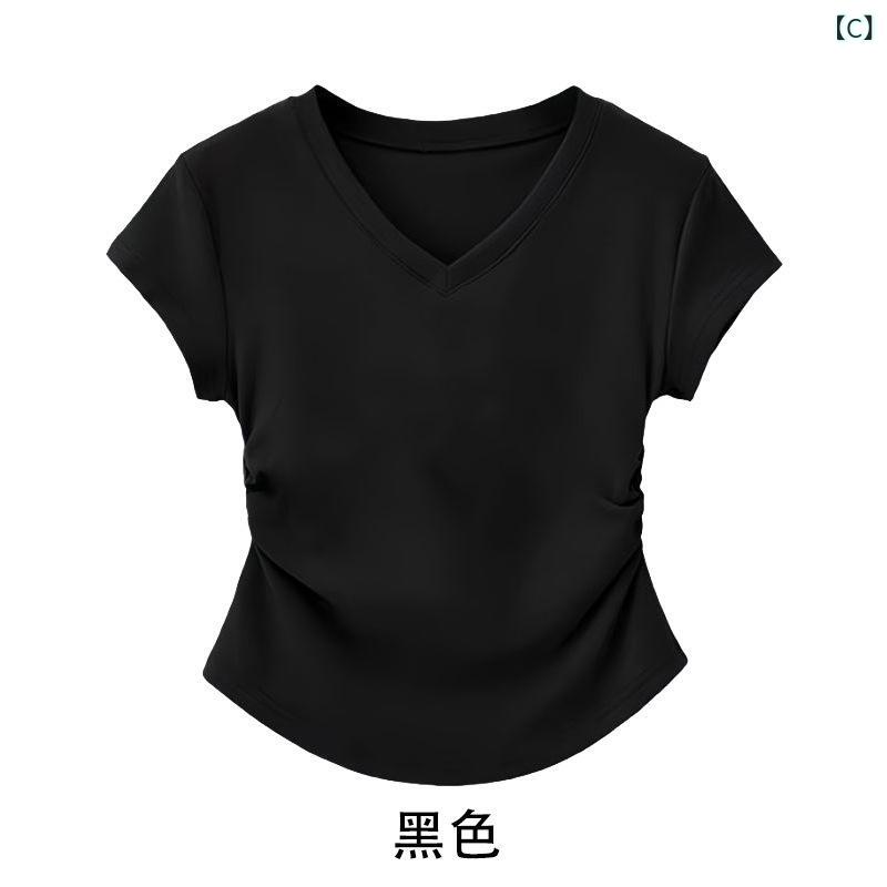 レディース チュニック シャツ 半袖 レディース チュニック シャツ 半袖 クロスボーダー Vネック プリーツ ウエスト 無地 右 肩 半袖 レディース Tシャツ レディー スフィット スリム トップ シャツ 女性用