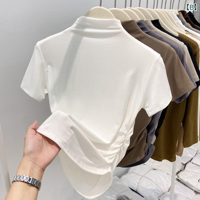 レディース チュニック シャツ 半袖 レディース チュニック シャツ 半袖 2025 プリーツ ウエスト ハーフ タートルネック 半袖 右 肩 Tシャツ レディース 夏の スリム ホット ガール 無地 トップ