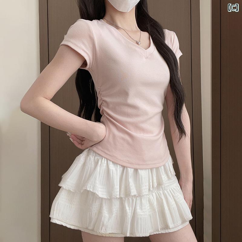 レディース チュニック シャツ 半袖 レディース チュニック シャツ 半袖 な プリーツ ウエスト スリム 右 肩 Vネック 半袖 Tシャツ レディース 2025 夏の ホット ガール ショート トップ