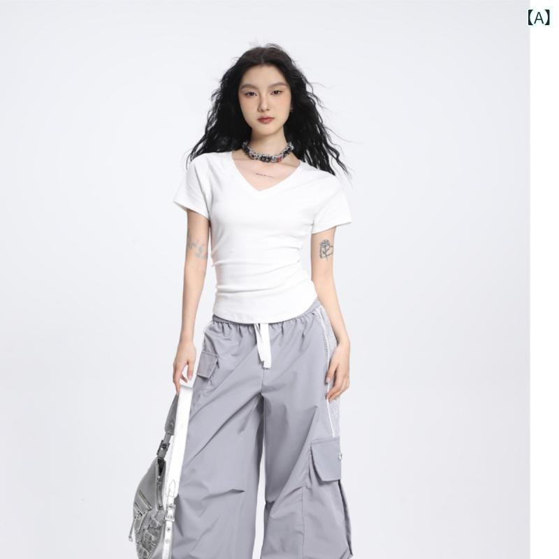 レディース チュニック シャツ 半袖 レディース チュニック シャツ 半袖 女性用 スリム 半袖 Tシャツ 夏用 右 肩 スリム タイトフィット プリーツ ウエスト トップ ショート ホット ガール ファッション