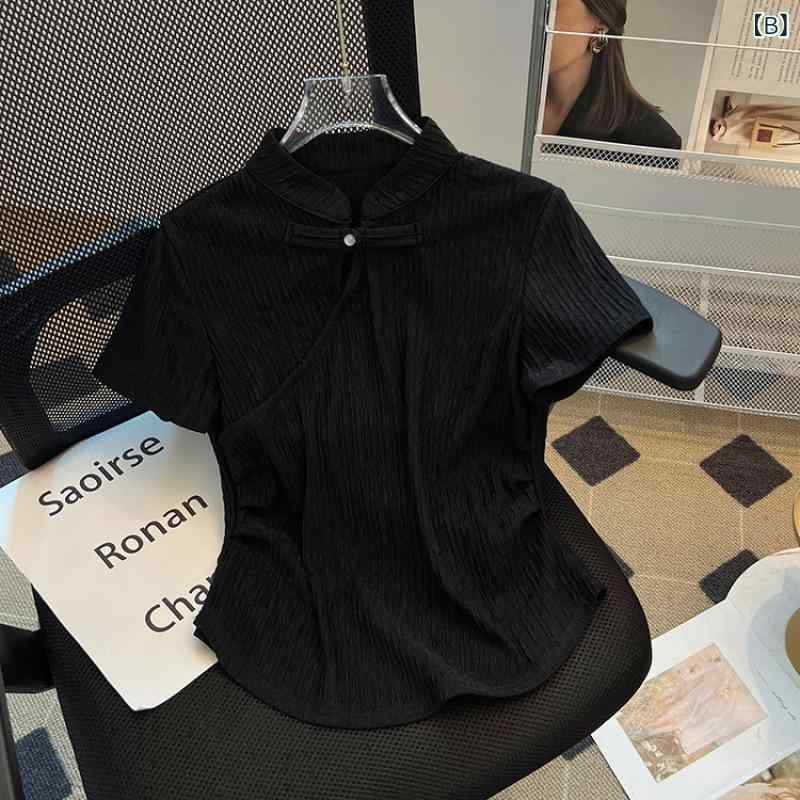 レディース チュニック シャツ 半袖 レディース チュニック シャツ 半袖 ~ 夏の チャイナ風 スタンドカラー ナショナル スタイル ボタン 半袖 Tシャツ レディース プリーツ ウエスト スリム ショート トップ