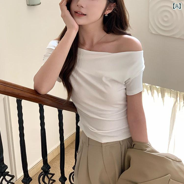 レディース チュニック シャツ 半袖 レディース チュニック シャツ 半袖 2025 Pure Lust Style 右 肩 スイング カラー カジュアル 半袖 レディース Tシャツ 夏の プリーツ ウエスト スリム レディース トップ