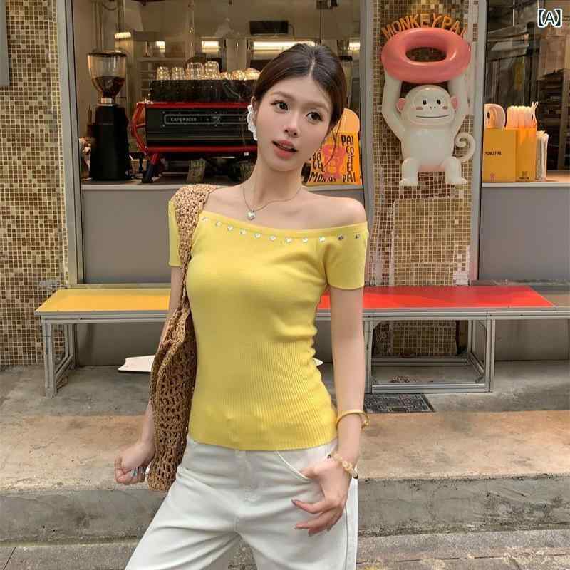 レディース チュニック シャツ 半袖 レディース チュニック シャツ 半袖 アメリカン ホット ガール オフショルダー ワン ライン カラー セーター 半袖 Tシャツ レディース 夏 ウエスト スリム アウタートップx2