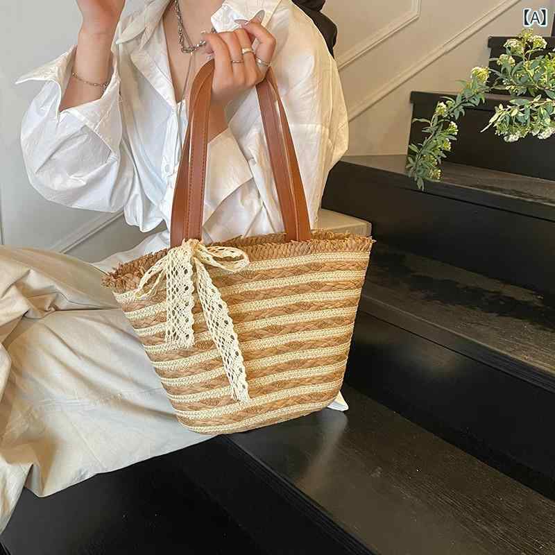 レディース カゴバッグ 夏に 野菜 かごを 編む ハンドバッグの 小さい 辺の ストライプの トートの カバンの ファッションの 百合の 肩 掛けの ビーチの カバンの 女性
