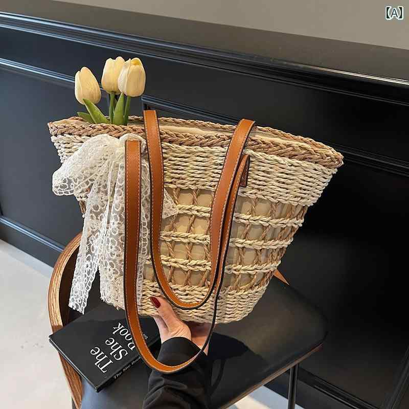レディース カゴバッグ 甘美な 編み物 バッグ 女性 夏 2025 新型 透かし彫り 草 編み バッグ
