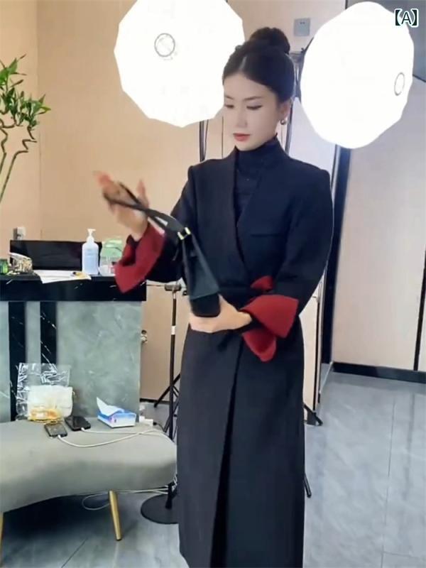 チュニック レディース おしゃれ ファッション ロング ウエストコート ジャケット Vネック 冬 高級感 コントラストカラー 黒