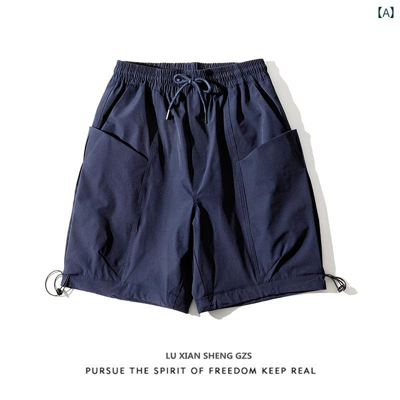 フラップポケット サイドドロー ストリングウエスト カーゴパンツ 夏用 涼しい ワーク ショーツ 男女兼 シティボーイ ストレート ネイビー グレー