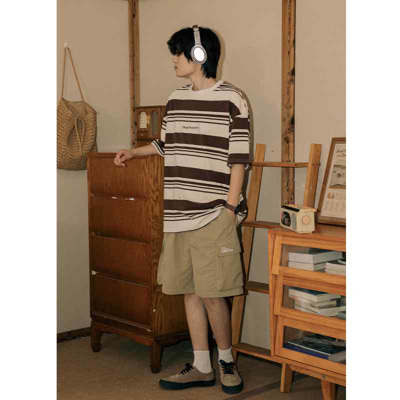 フラップポケット サイドドロー ストリングウエスト カーゴパンツ 夏用 涼しい Nanhe 刺繍 ワーク ショーツ メンズ 無地 スポーツ カジュアル カーキ ブラック ネイビー