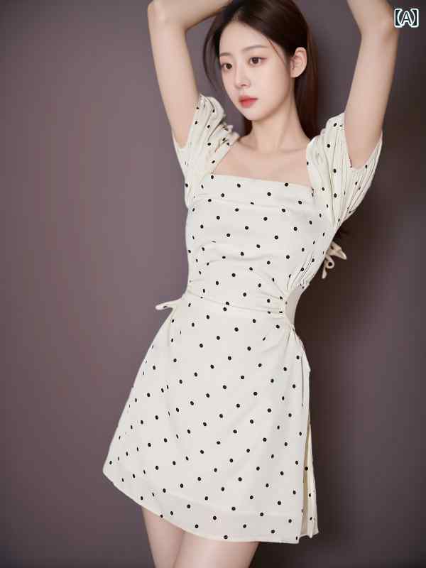 レディース ファッション ワンピース ティアード リボン 節約 年齢の 月と 同じ 白い ドットの ドレス..